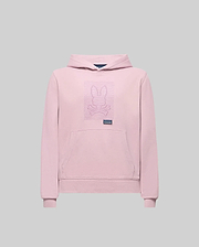 The Psycho Bunny KIDS GRANT HOODIE (KT0500020) is a light pink premium cotton blend with an outlined embroidered Bunny and crossed bones on the chest, front pocket, and small label below the graphic. Displayed on a plain gray background.