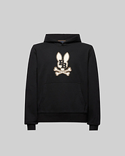 The Psycho Bunny KIDS WADE CORD PATCH HOODIE (KT0500031) is a black athletic hoodie in a premium cotton blend, featuring an embroidered long-eared Bunny patch with "PB" on the chest, shown on a plain gray background.