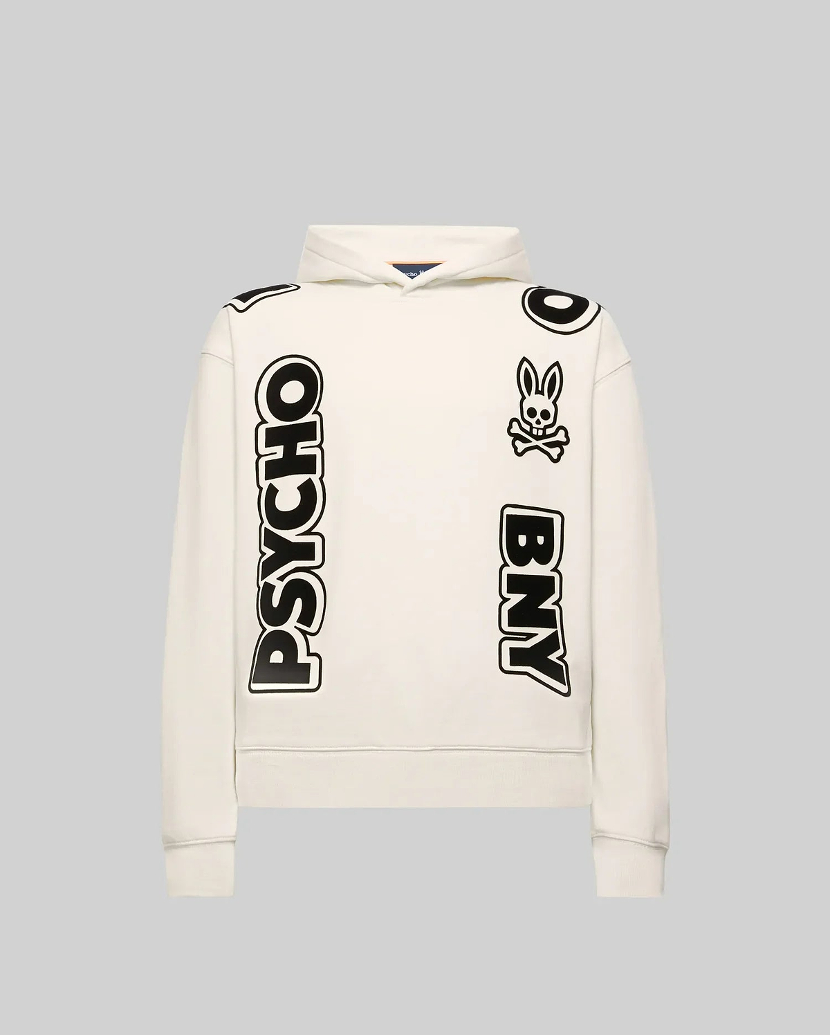Kids Toby Oversized Hoodie in cream, with an oversized fit, soft cotton blend, and a large black graphic print featuring vertical PSYCHO and BNY text flanking the iconic bunny skull logo.