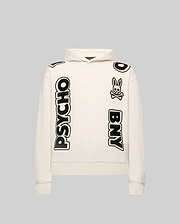 Kids Toby Oversized Hoodie in cream, with an oversized fit, soft cotton blend, and a large black graphic print featuring vertical PSYCHO and BNY text flanking the iconic bunny skull logo.