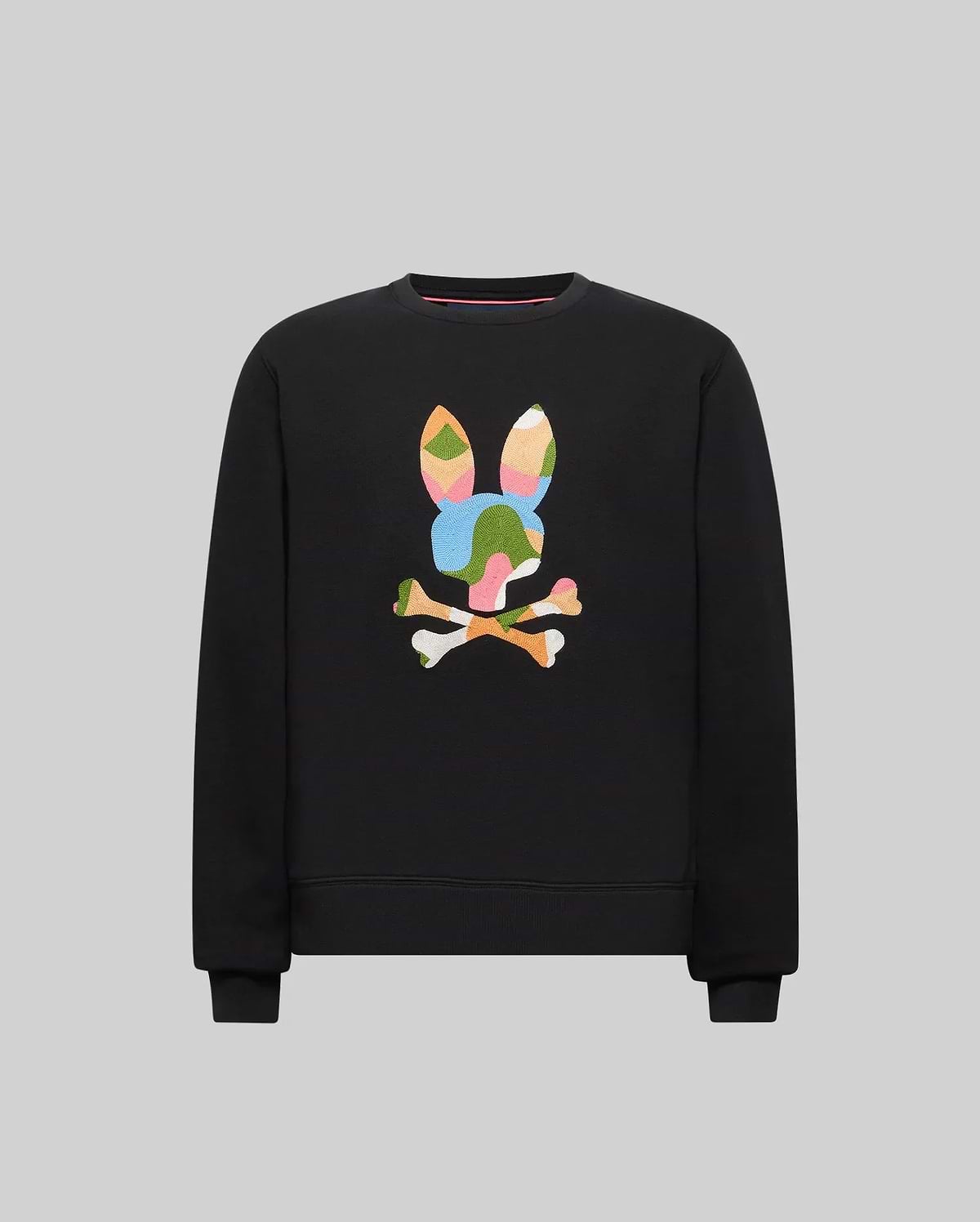 Kids Ara Crew black crewneck sweatshirt, classic fit, featuring a large, vibrant multicolor embroidered Psycho Bunny skull logo on the chest, crafted from soft jersey.