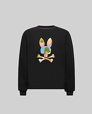 Kids Ara Crew black crewneck sweatshirt, classic fit, featuring a large, vibrant multicolor embroidered Psycho Bunny skull logo on the chest, crafted from soft jersey.