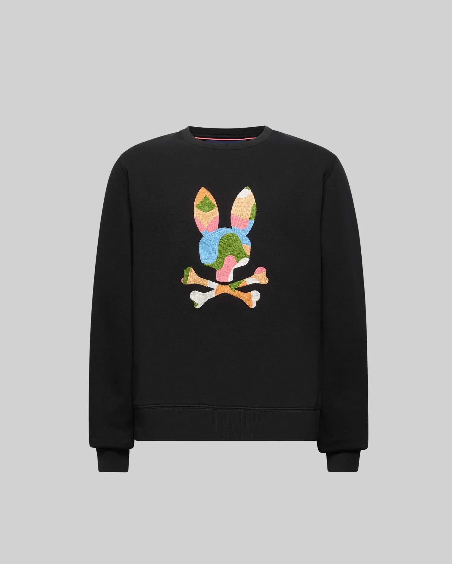 Kids Ara Crew black crewneck sweatshirt, classic fit, featuring a large, vibrant multicolor embroidered Psycho Bunny skull logo on the chest, crafted from soft jersey.