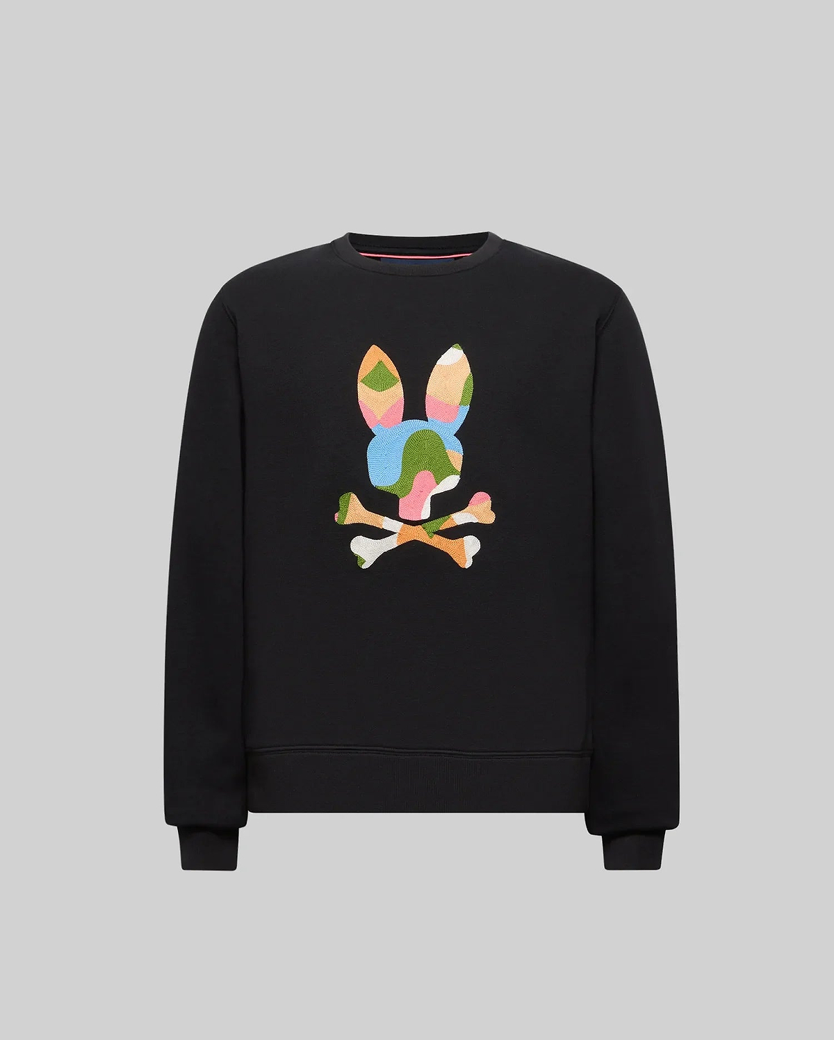 Kids Ara Crew black crewneck sweatshirt, classic fit, featuring a large, vibrant multicolor embroidered Psycho Bunny skull logo on the chest, crafted from soft jersey.