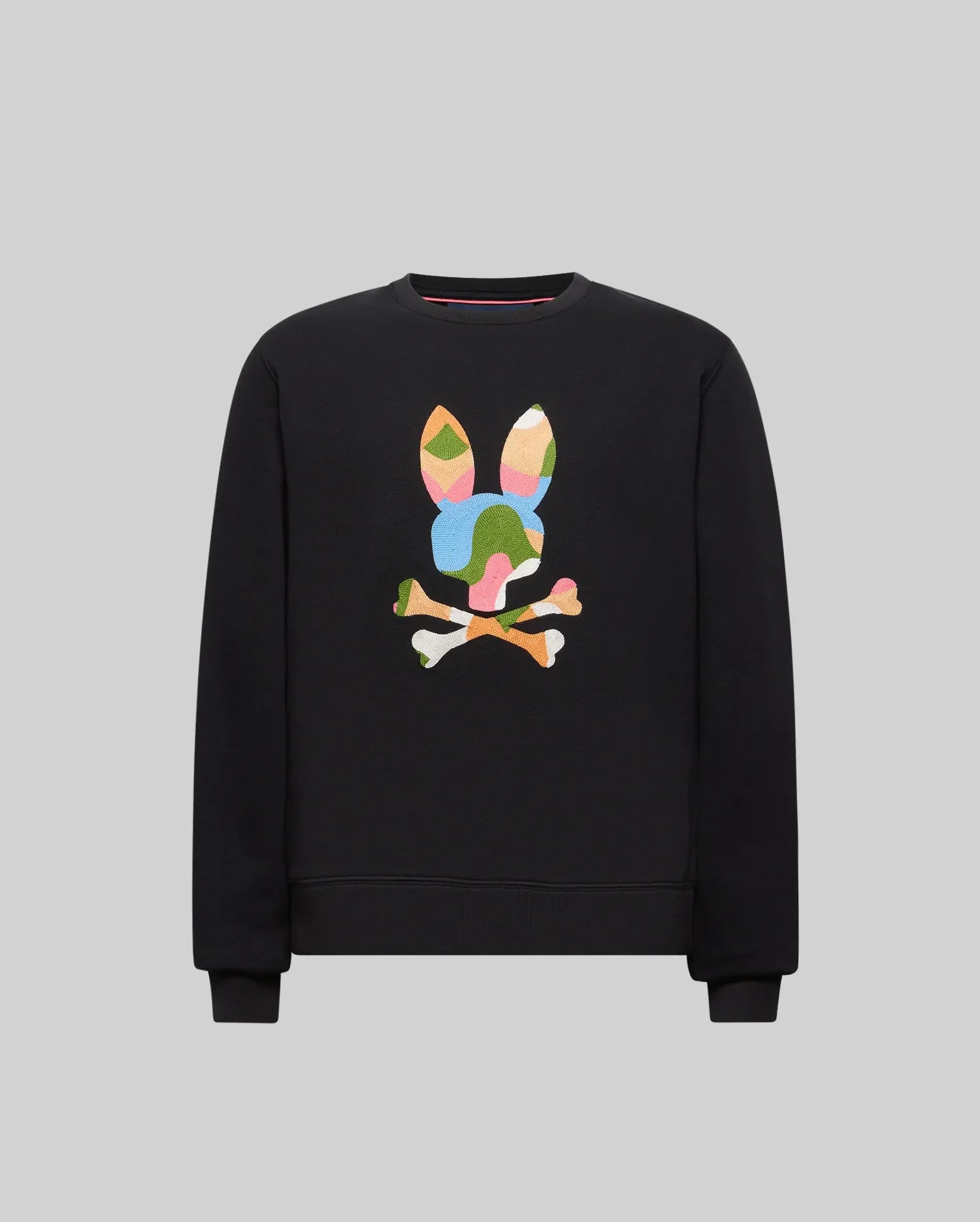 Kids Ara Crew black crewneck sweatshirt, classic fit, featuring a large, vibrant multicolor embroidered Psycho Bunny skull logo on the chest, crafted from soft jersey.