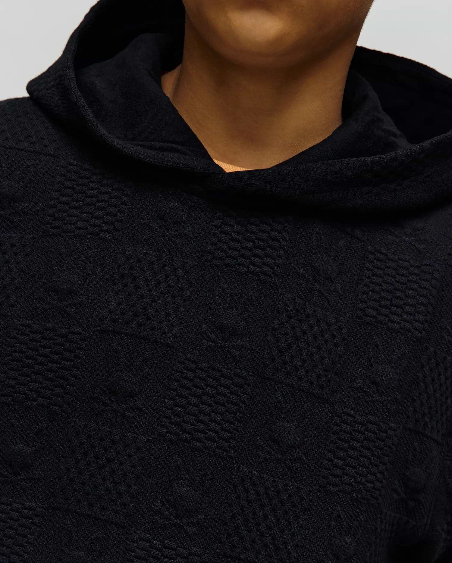 Kids Dustin Hoodie, a premium black textured knit hoodie with a classic fit, featuring an intricate all-over raised geometric pattern, embodying Psycho Bunny's refined streetwear aesthetic. (2)