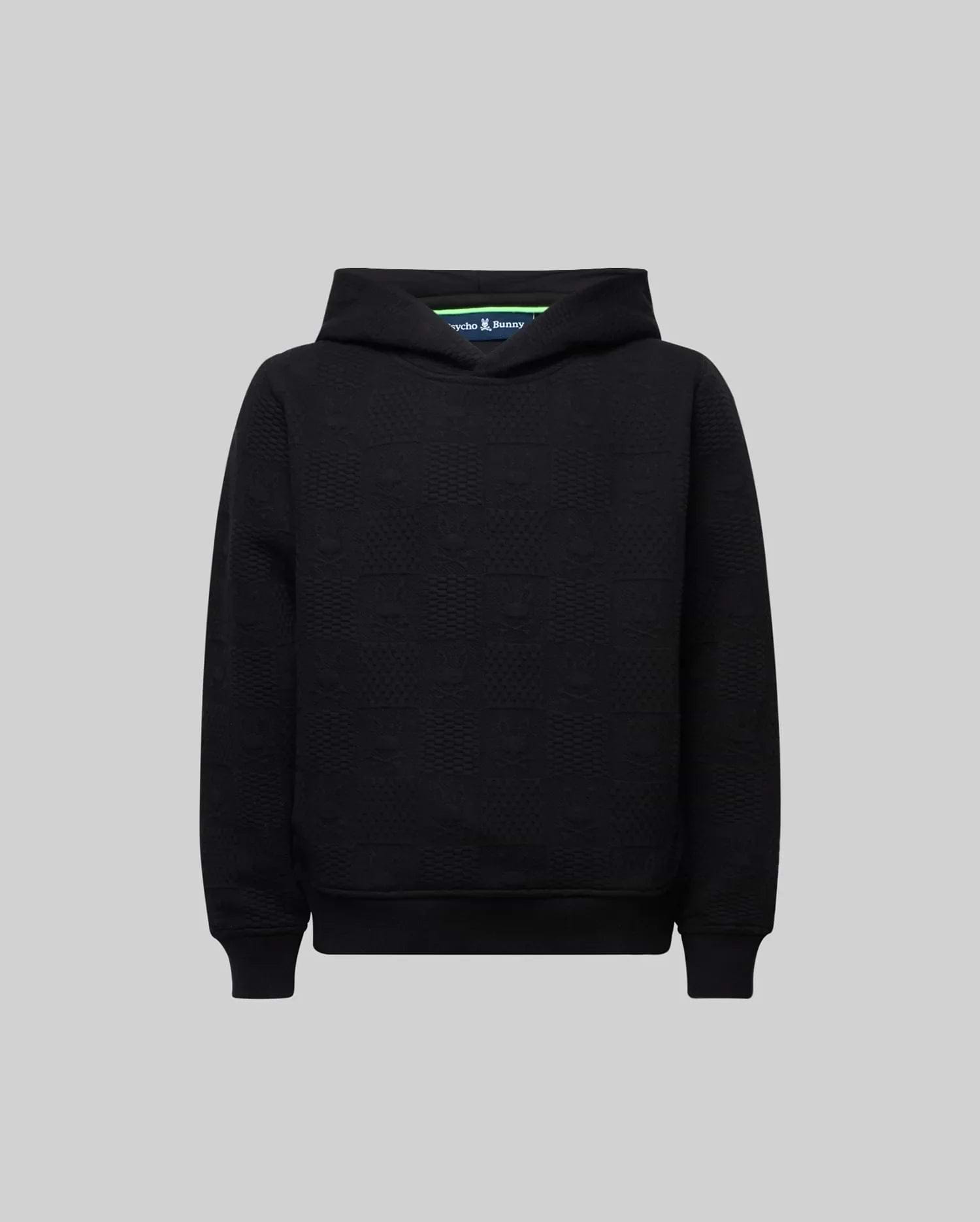 Kids Dustin Hoodie, a black relaxed fit hoodie crafted from textured french terry, featuring a subtle all-over embossed Psycho Bunny skull logo pattern for refined streetwear style. (5)
