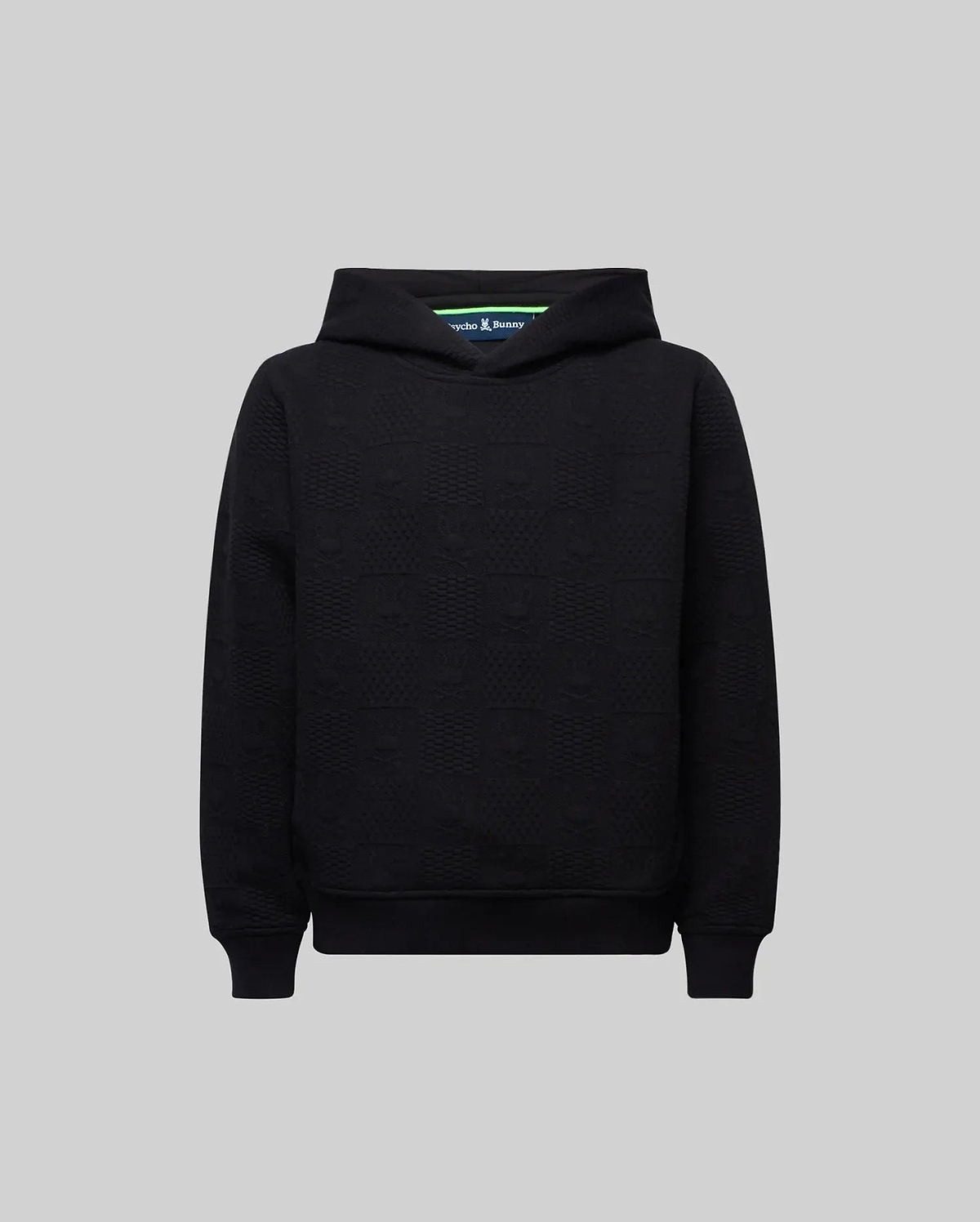 Kids Dustin Hoodie, a black relaxed fit hoodie crafted from textured french terry, featuring a subtle all-over embossed Psycho Bunny skull logo pattern for refined streetwear style. (5)