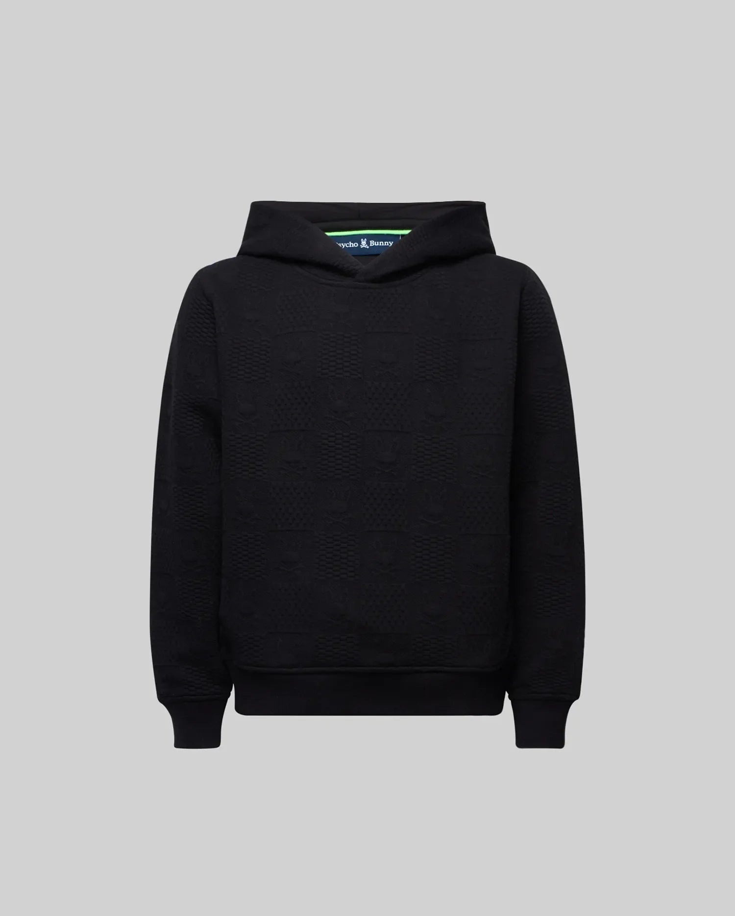 Kids Dustin Hoodie, a black relaxed fit hoodie crafted from textured french terry, featuring a subtle all-over embossed Psycho Bunny skull logo pattern for refined streetwear style. (5)