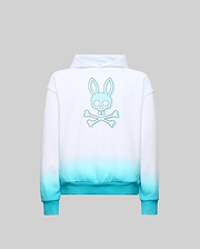 Kids Dax Oversized Hoodie in white French terry, featuring a turquoise ombre fade at the hem and a large light blue outlined Psycho Bunny skull logo with a subtle shadow on the back.