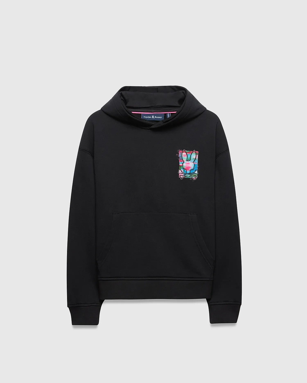 Kids Isaac Print Hoodie, black relaxed fit french terry hoodie with a vibrant pink, blue, green, and white graphic Psycho Bunny skull logo on the left chest and a kangaroo pocket.