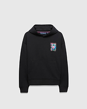 Kids Isaac Print Hoodie, black relaxed fit french terry hoodie with a vibrant pink, blue, green, and white graphic Psycho Bunny skull logo on the left chest and a kangaroo pocket.