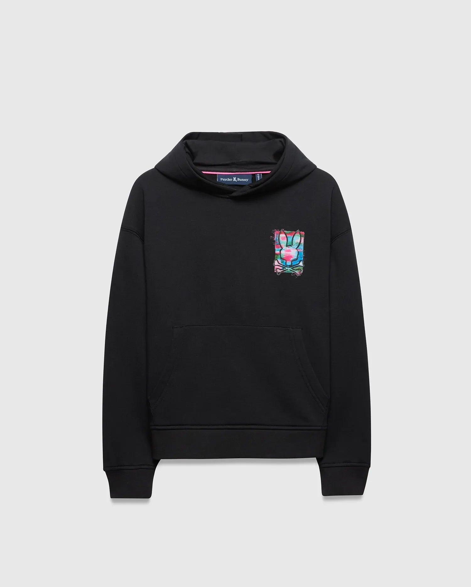 Kids Isaac Print Hoodie, black relaxed fit french terry hoodie with a vibrant pink, blue, green, and white graphic Psycho Bunny skull logo on the left chest and a kangaroo pocket.