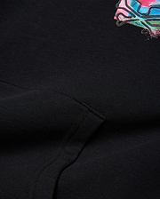 Kids Isaac Print Hoodie, black soft french terry with a relaxed fit, featuring a vibrant, splattered Psycho Bunny skull logo in pink, blue, and green on the chest.