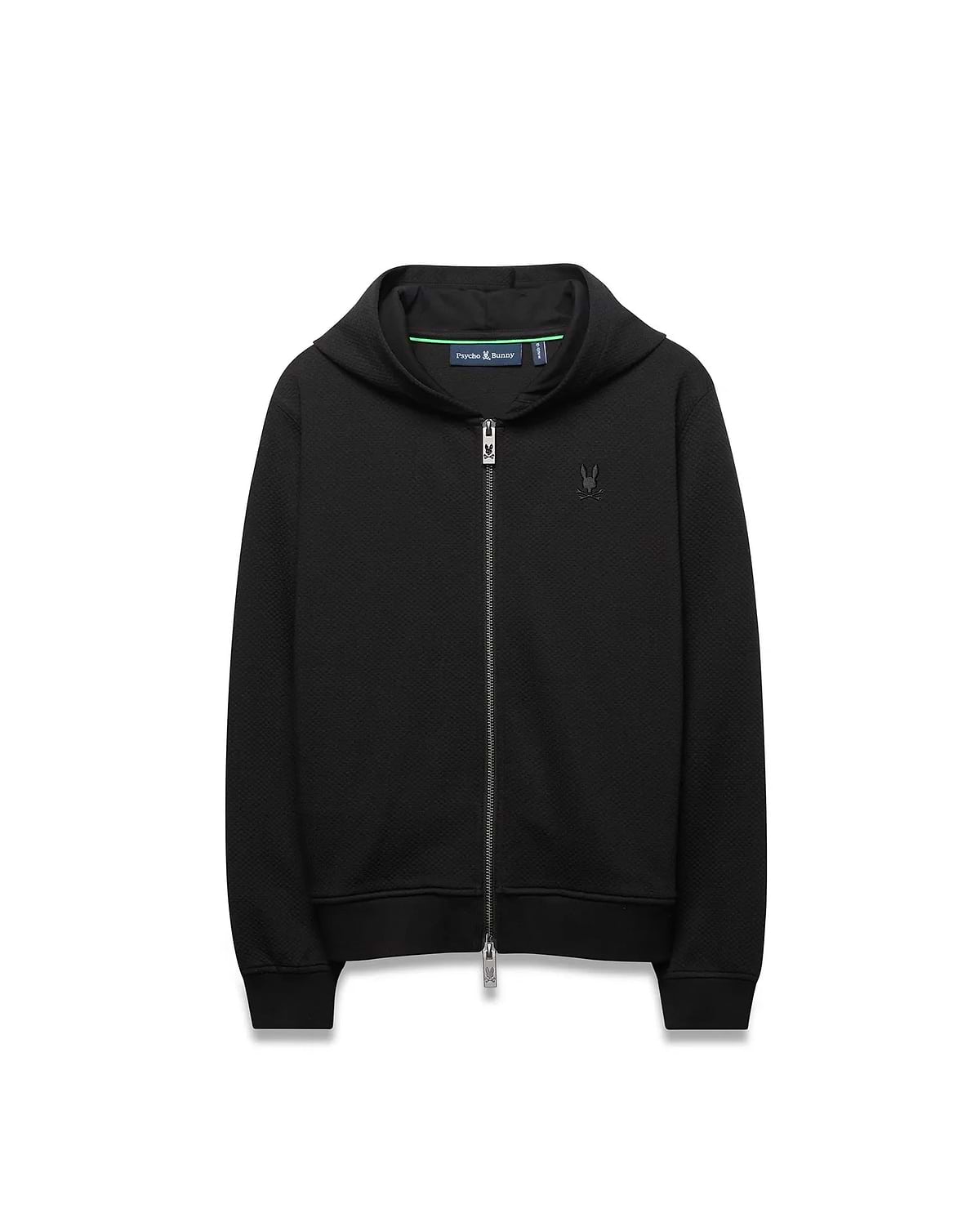 Kids Marc Textured Full Zip Hoodie in black textured knit, featuring a classic fit, small embroidered black Psycho Bunny skull logo on the left chest, and a silver branded zipper pull.