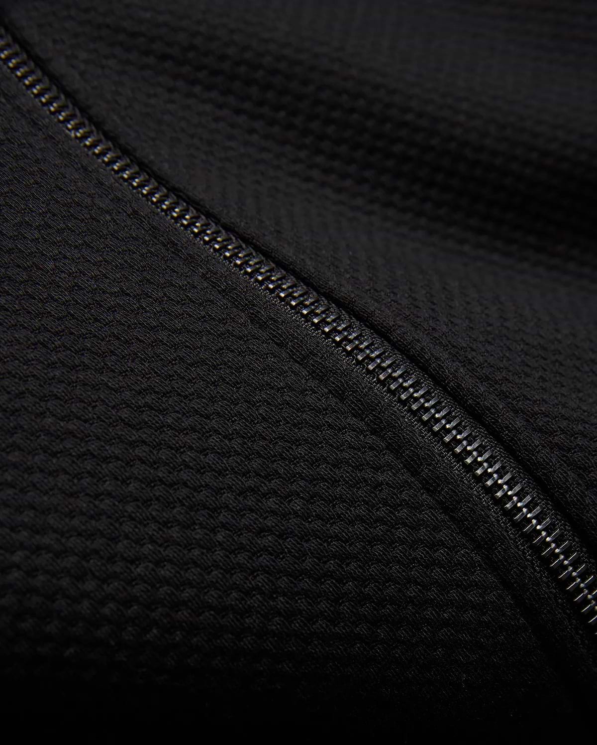 Kids Marc Textured Full Zip Hoodie in deep black, crafted from a refined textured knit fabric, featuring a prominent metallic silver full-zip closure.