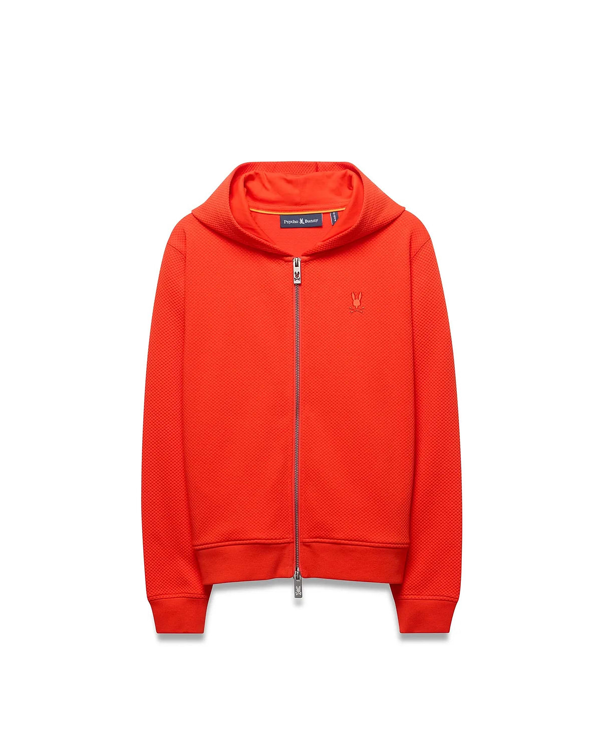 Kids Marc Textured Full Zip Hoodie in vibrant orange, featuring a textured knit fabric, full zip closure, hood, ribbed cuffs and hem, and a small embroidered Psycho Bunny skull logo on the left chest. (5)