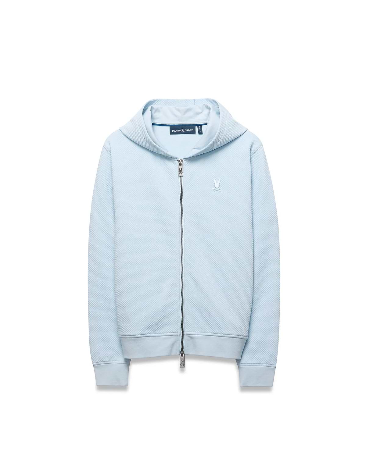 Kids Marc Textured Full Zip Hoodie in light blue, featuring a subtle diamond texture, classic fit, full zip closure, and a small white embroidered Psycho Bunny skull logo on the left chest.