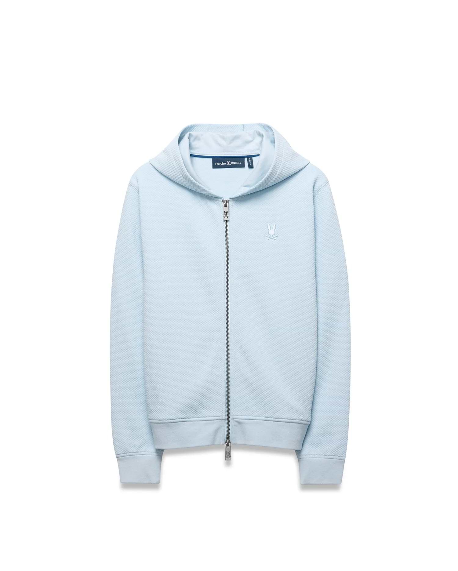 Kids Marc Textured Full Zip Hoodie in light blue, featuring a subtle diamond texture, classic fit, full zip closure, and a small white embroidered Psycho Bunny skull logo on the left chest.