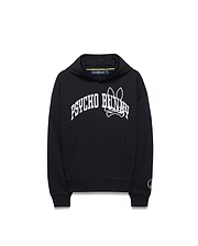 Kids Nathaniel Relaxed Hoodie in black, featuring a white arched PSYCHO BUNNY text and large bunny skull logo on the chest, with a kangaroo pocket and small circular logo on the left sleeve.