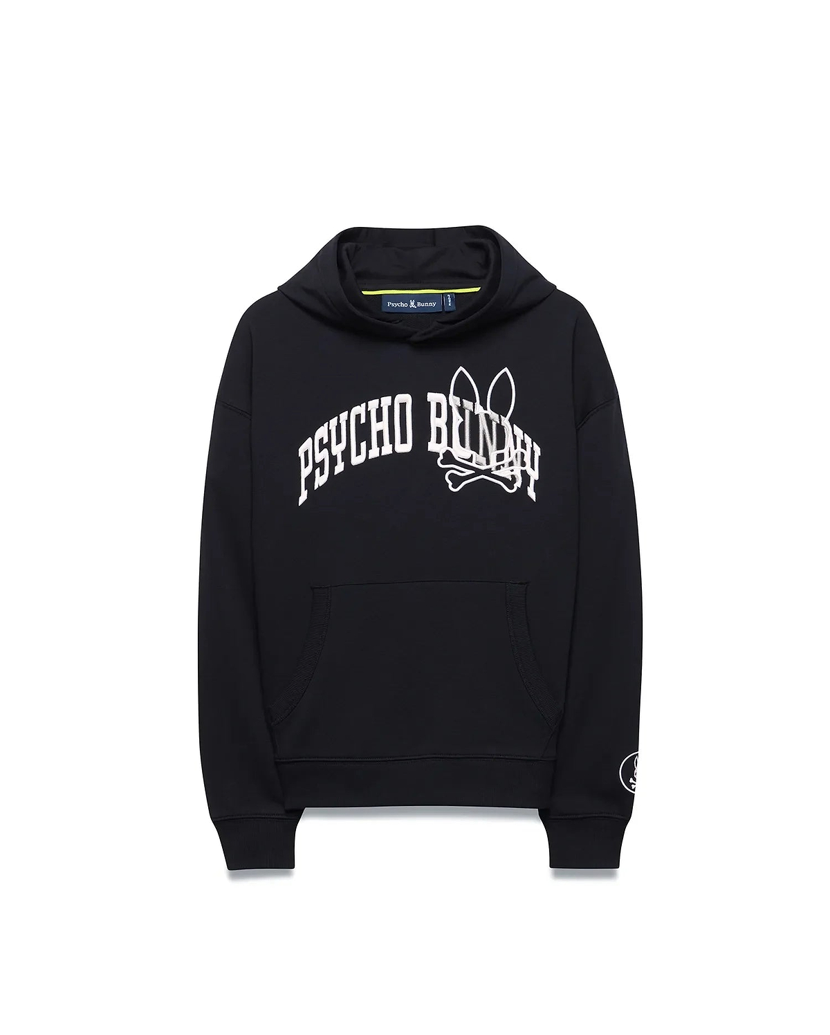 Kids Nathaniel Relaxed Hoodie in black, featuring a white arched PSYCHO BUNNY text and large bunny skull logo on the chest, with a kangaroo pocket and small circular logo on the left sleeve.