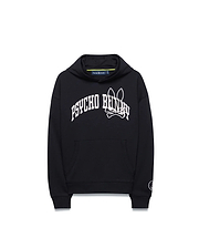 Kids Nathaniel Relaxed Hoodie in black, featuring a white arched PSYCHO BUNNY text and large bunny skull logo on the chest, with a kangaroo pocket and small circular logo on the left sleeve.