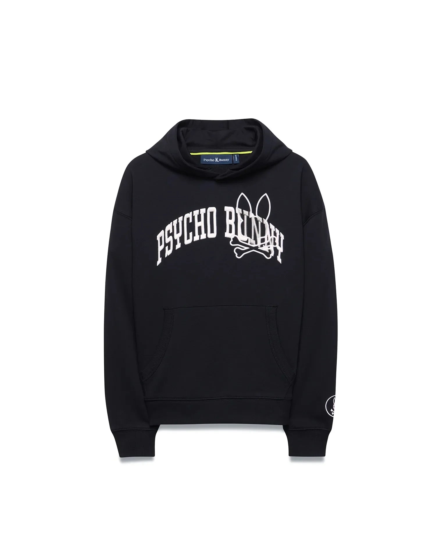 Kids Nathaniel Relaxed Hoodie in black, featuring a white arched PSYCHO BUNNY text and large bunny skull logo on the chest, with a kangaroo pocket and small circular logo on the left sleeve.