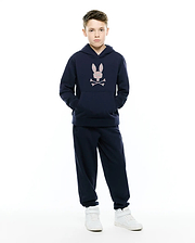 Navy Kids Darcy Hoodie in soft french terry, featuring a relaxed fit, front pouch pocket, and a large pink and white embroidered Psycho Bunny skull logo on the chest.