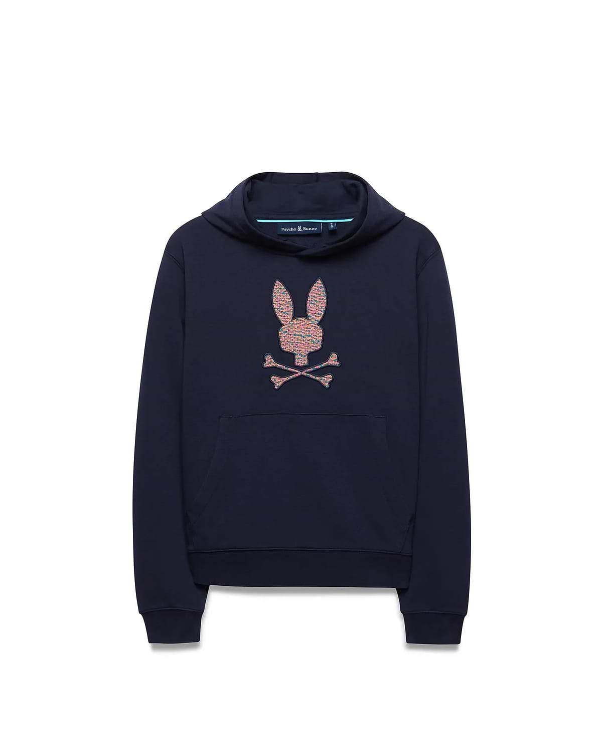 Kids Darcy Hoodie, navy blue relaxed fit french terry hoodie featuring a large, central multi-color speckled Psycho Bunny skull logo and a front kangaroo pocket.