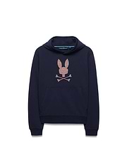 Kids Darcy Hoodie, navy blue relaxed fit french terry hoodie featuring a large, central multi-color speckled Psycho Bunny skull logo and a front kangaroo pocket.