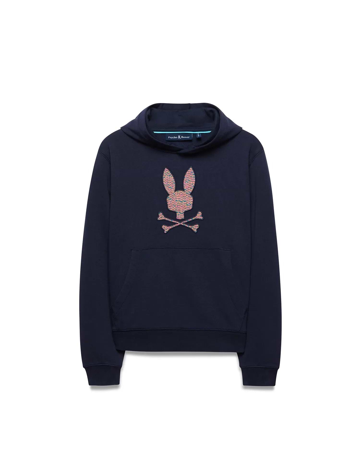 Kids Darcy Hoodie, navy blue relaxed fit french terry hoodie featuring a large, central multi-color speckled Psycho Bunny skull logo and a front kangaroo pocket.