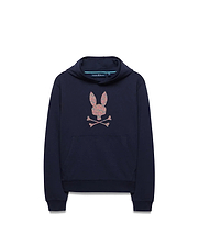 Kids Darcy Hoodie, navy blue relaxed fit french terry hoodie featuring a large, central multi-color speckled Psycho Bunny skull logo and a front kangaroo pocket.