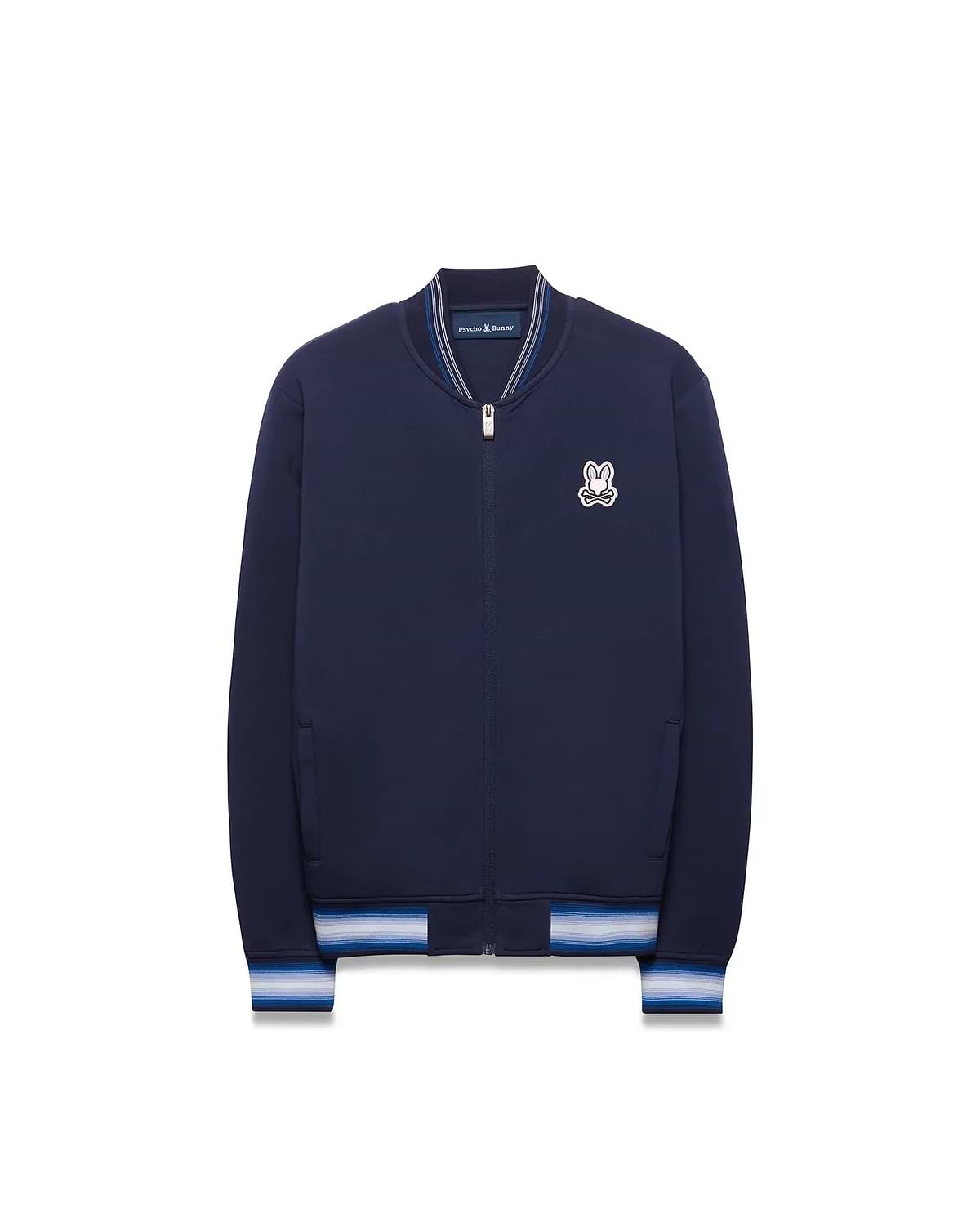Kids Jaydon Track Jacket in navy blue, featuring a full zip, ribbed collar, and striped cuffs in white and light blue, with an embroidered Psycho Bunny skull logo on the left chest.