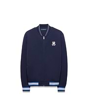 Kids Jaydon Track Jacket in navy blue, featuring a full zip, ribbed collar, and striped cuffs in white and light blue, with an embroidered Psycho Bunny skull logo on the left chest.