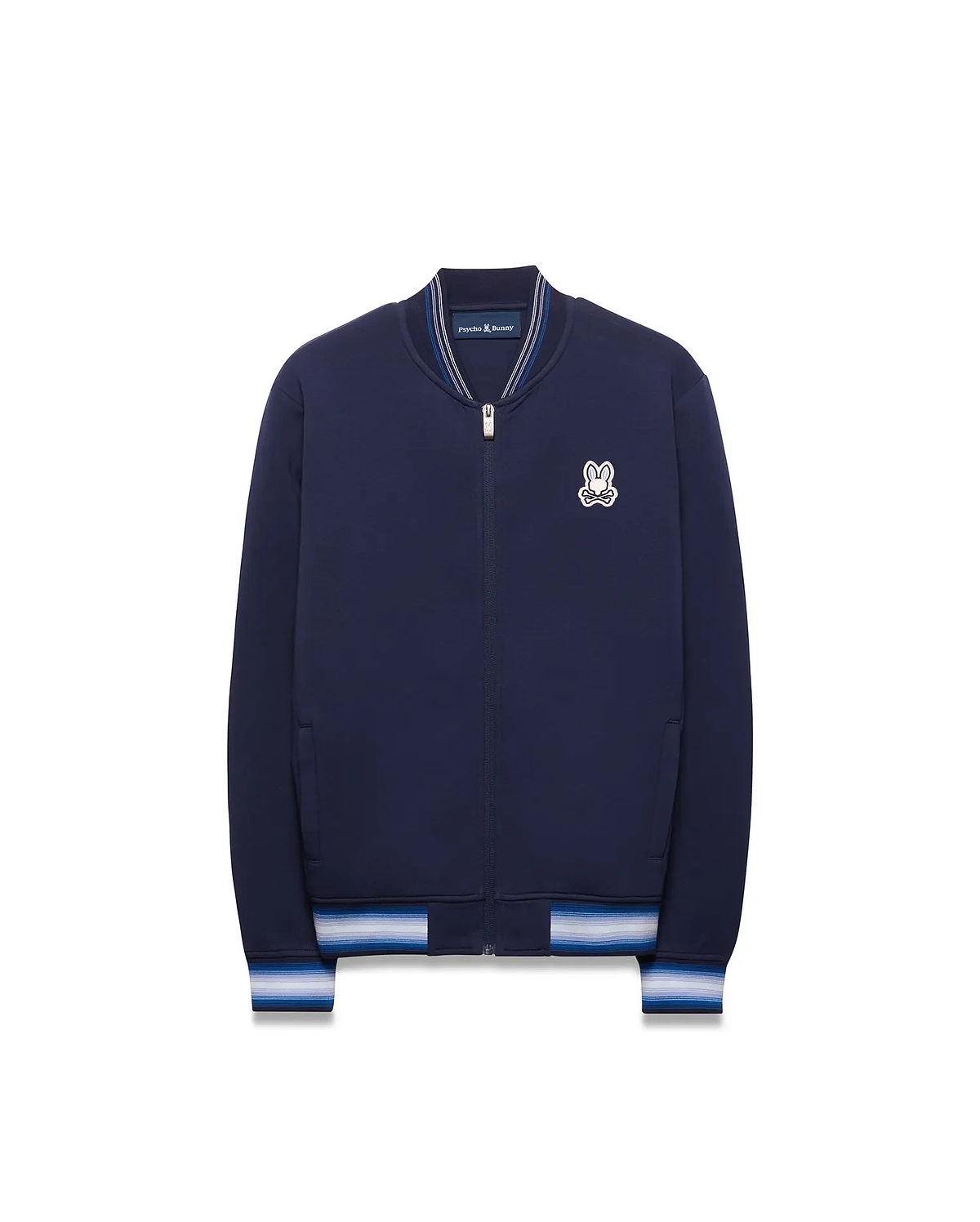 Kids Jaydon Track Jacket in navy blue, featuring a full zip, ribbed collar, and striped cuffs in white and light blue, with an embroidered Psycho Bunny skull logo on the left chest.