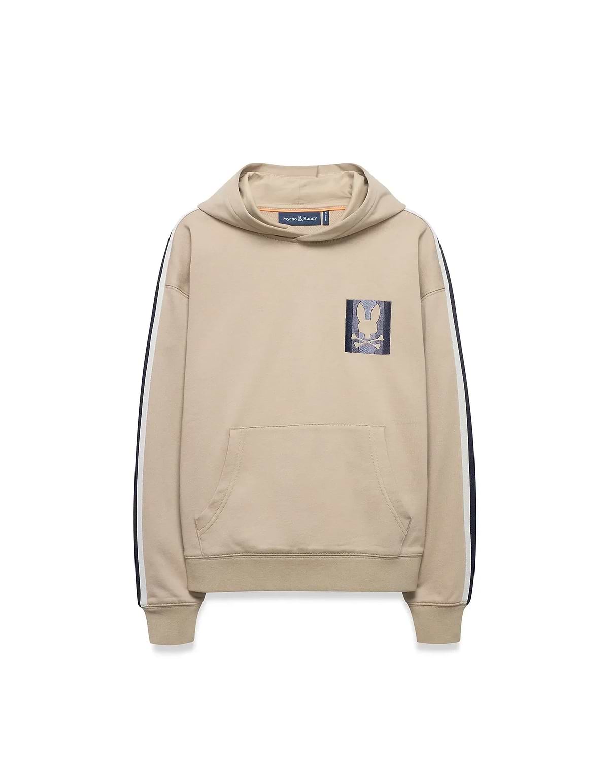 Kids Ty French Terry Hoodie in beige, featuring navy and white sleeve stripes, a front kangaroo pocket, and a small embroidered Psycho Bunny skull logo patch on the left chest.