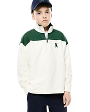 Kids Gabe French Terry 1/4 Zip in cream with dark green color block shoulders, featuring a relaxed fit, silver quarter zip, and small embroidered dark green Psycho Bunny skull logo on the left chest.