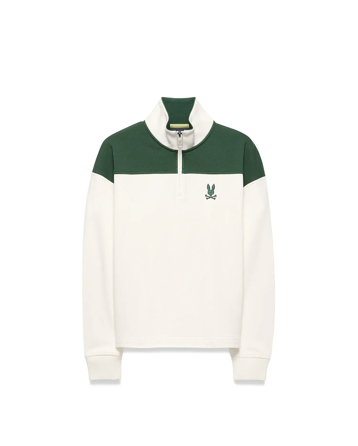 KIDS GABE FRENCH TERRY 1/4 ZIP in cream and dark green color block, with a classic fit, ribbed collar, branded zipper, and embroidered Psycho Bunny skull logo on the left chest.