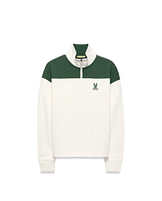 KIDS GABE FRENCH TERRY 1/4 ZIP in cream and dark green color block, with a classic fit, ribbed collar, branded zipper, and embroidered Psycho Bunny skull logo on the left chest.
