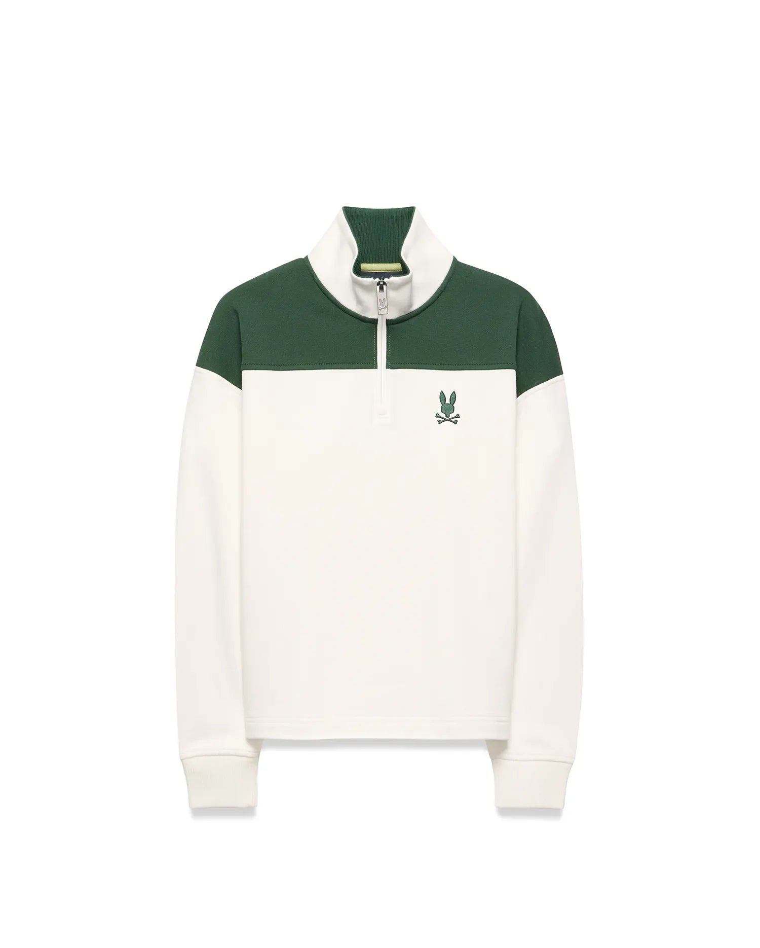 KIDS GABE FRENCH TERRY 1/4 ZIP in cream and dark green color block, with a classic fit, ribbed collar, branded zipper, and embroidered Psycho Bunny skull logo on the left chest.