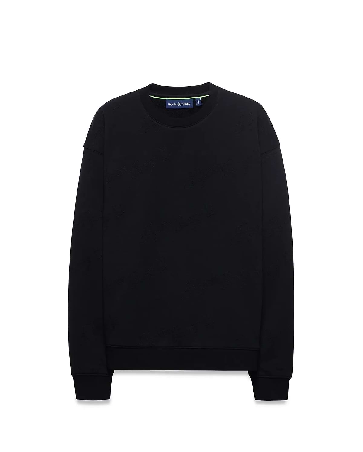 Kids Cedrick All Over Jacquard Crew, a black relaxed fit sweatshirt featuring a subtle tone-on-tone all-over jacquard Psycho Bunny skull logo pattern and a neon green inner collar detail.