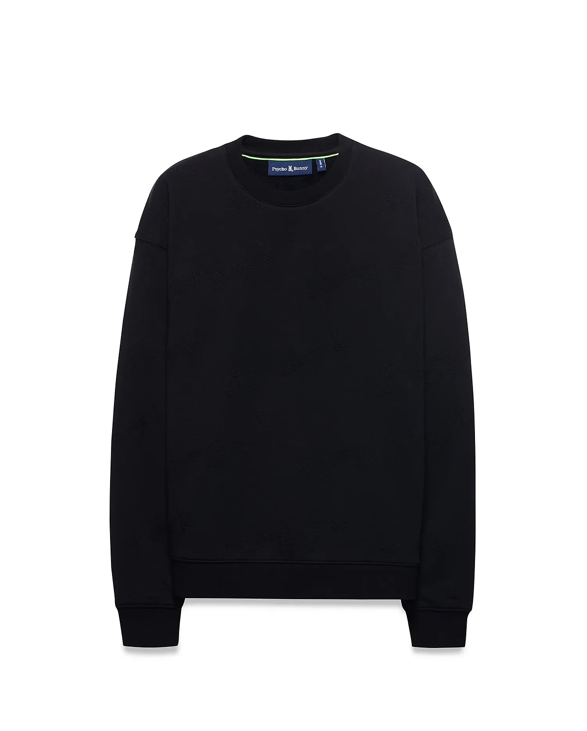 Kids Cedrick All Over Jacquard Crew, a black relaxed fit sweatshirt featuring a subtle tone-on-tone all-over jacquard Psycho Bunny skull logo pattern and a neon green inner collar detail.