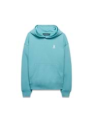 Kids' Terrence Fleece Hoodie in aqua, featuring a relaxed fit, soft fleece fabric, kangaroo pocket, and a small embroidered white Psycho Bunny skull logo on the left chest. (1)