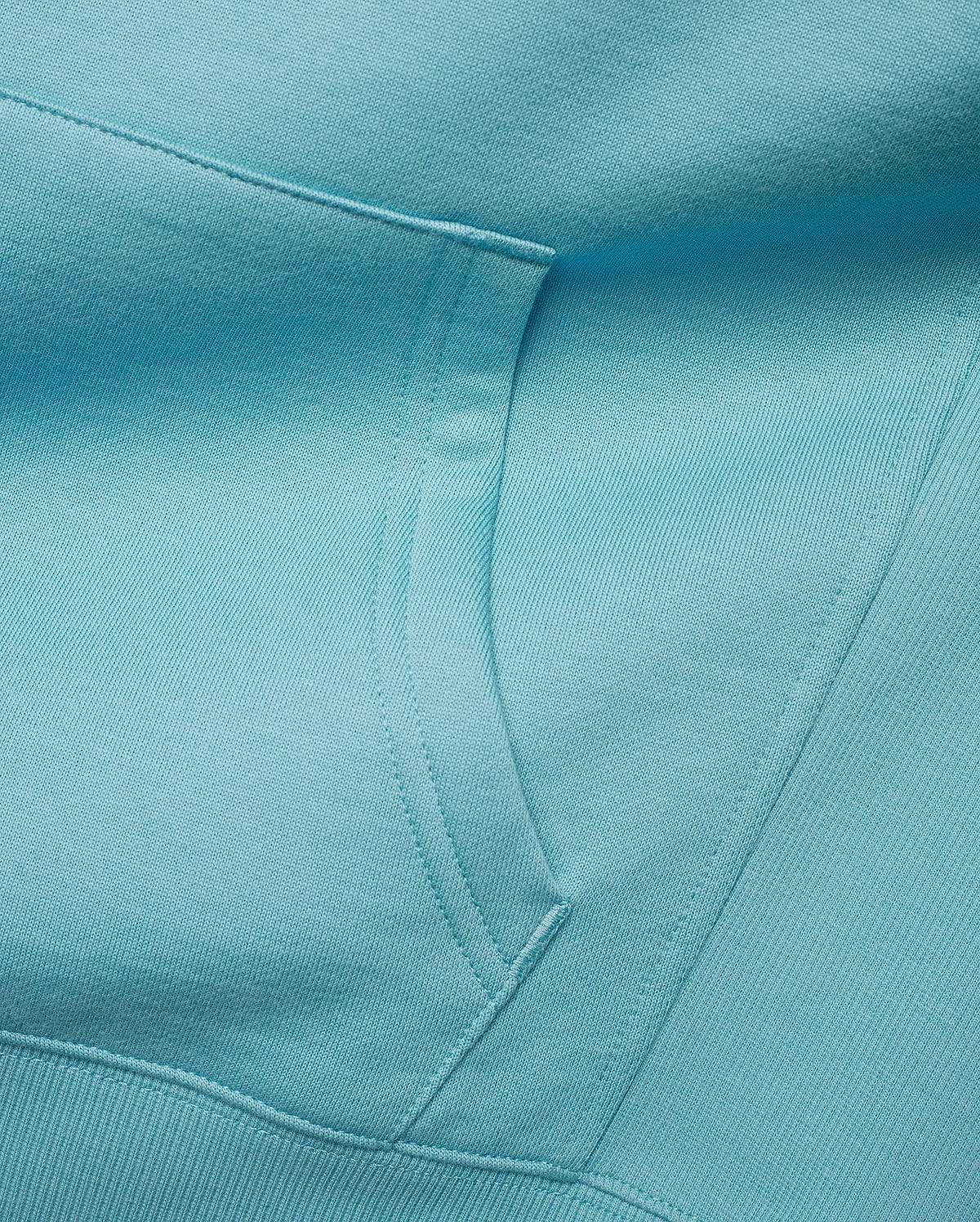 Kids' Terrence Fleece Hoodie in bright aqua, showcasing a soft, visible French terry knit texture, a spacious kangaroo pocket, and a finely ribbed hem for comfort. (2)