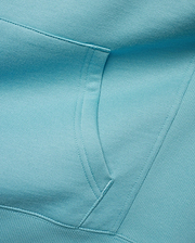 Kids' Terrence Fleece Hoodie in bright aqua, showcasing a soft, visible French terry knit texture, a spacious kangaroo pocket, and a finely ribbed hem for comfort. (2)