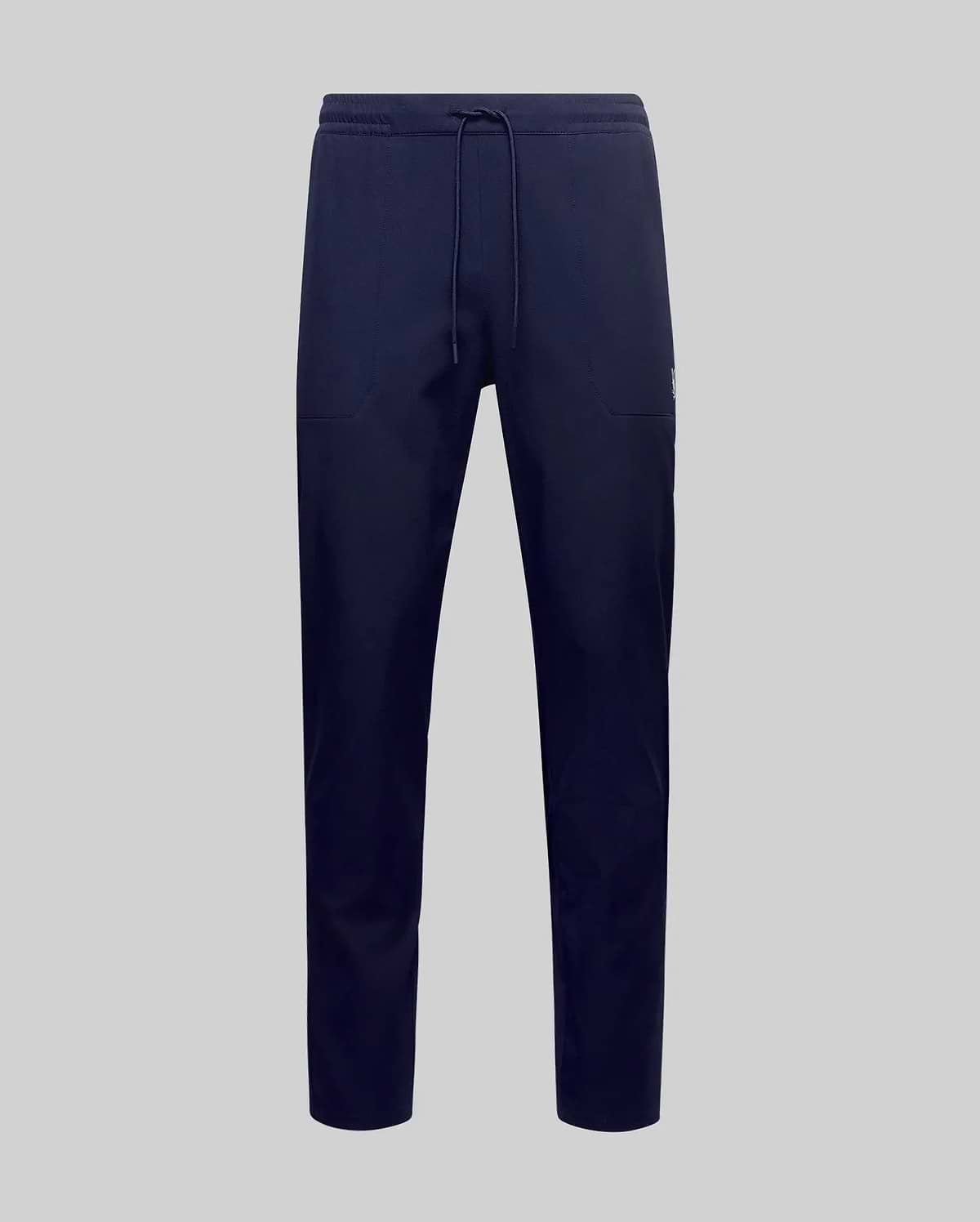 The Psycho Bunny MENS BEN TECH JOGGER PULL ON - MB0600013 features navy blue, soft polyester-spandex jogger pants with a drawstring waist, shown against a plain light gray background. (5)