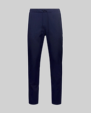 The Psycho Bunny MENS BEN TECH JOGGER PULL ON - MB0600013 features navy blue, soft polyester-spandex jogger pants with a drawstring waist, shown against a plain light gray background. (5)