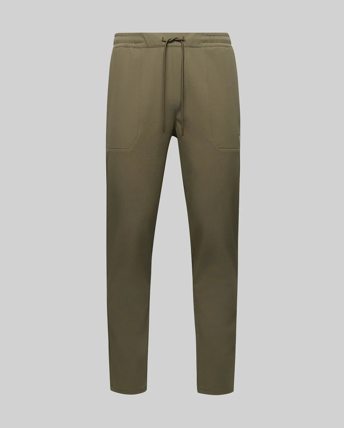 The Psycho Bunny MENS BEN TECH JOGGER PULL ON (MB0600013) features an olive green polyester-spandex blend, drawstring waist, two front pockets, and tapered legs, shown on a plain light grey background. (5)