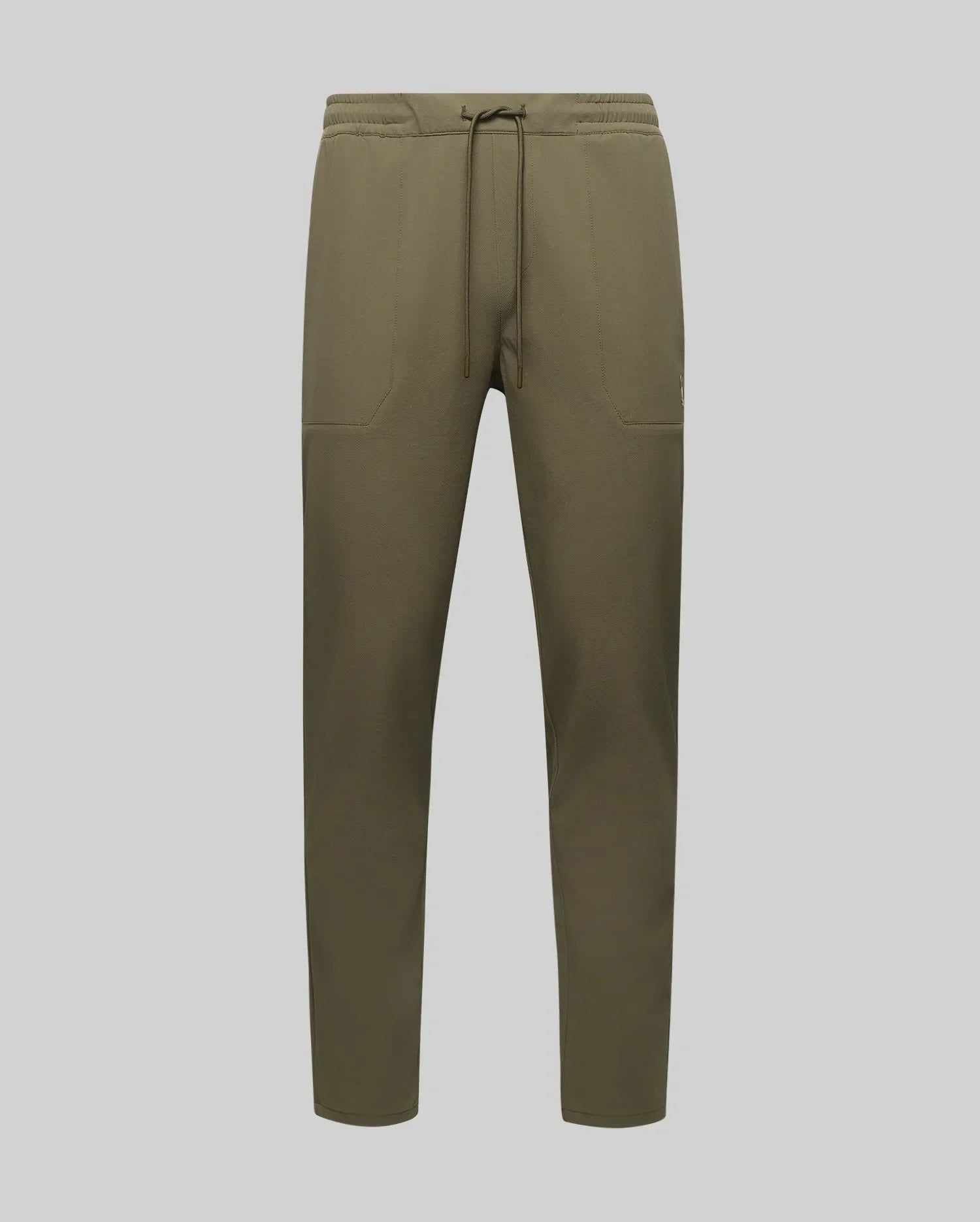 The Psycho Bunny MENS BEN TECH JOGGER PULL ON (MB0600013) features an olive green polyester-spandex blend, drawstring waist, two front pockets, and tapered legs, shown on a plain light grey background. (5)