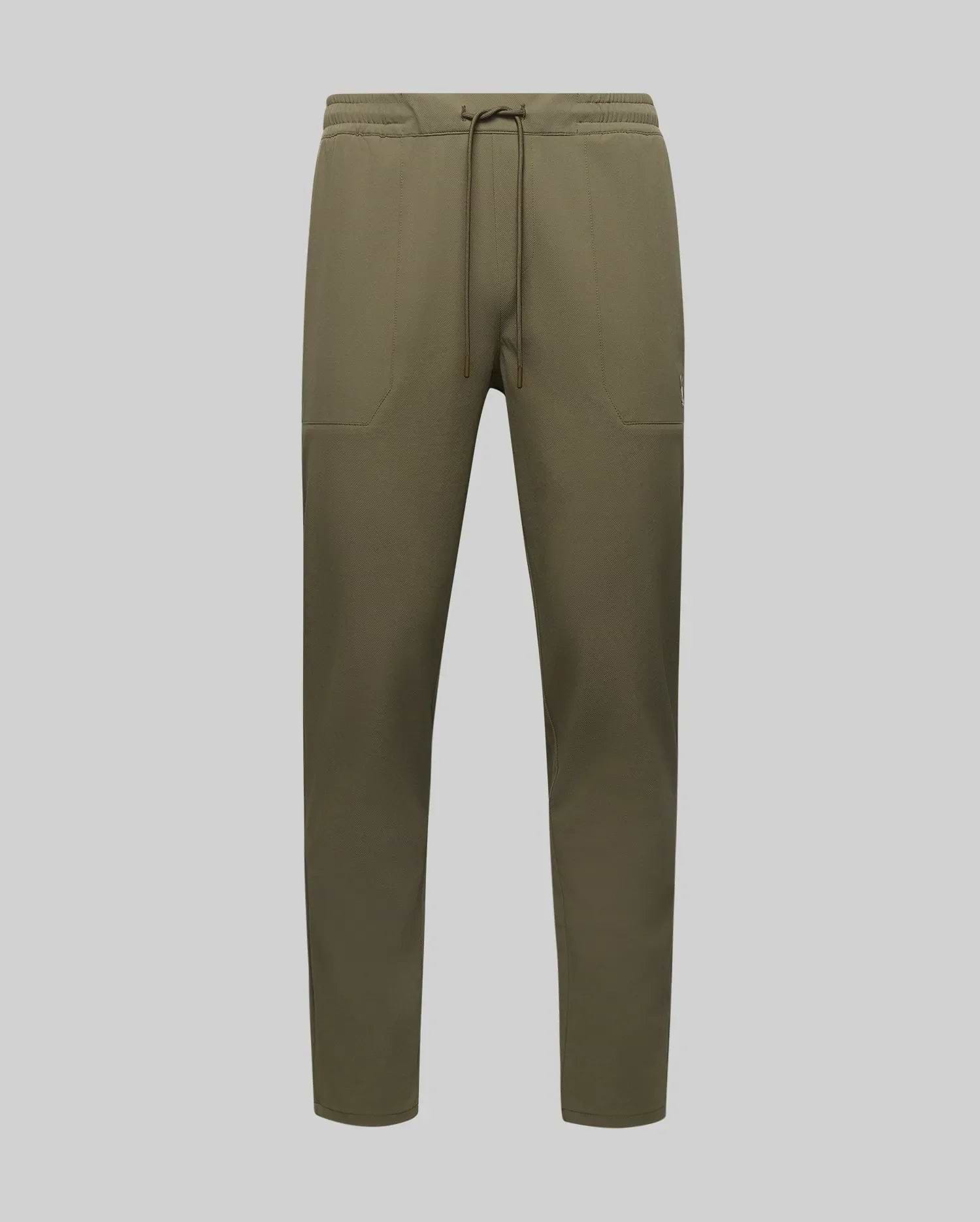 Psycho Bunny MENS BEN TECH JOGGER PULL ON (MB0600013) in olive green, made from polyester spandex blend with elastic waistband, drawstring, and two front pockets, displayed on a plain light gray background. (6)